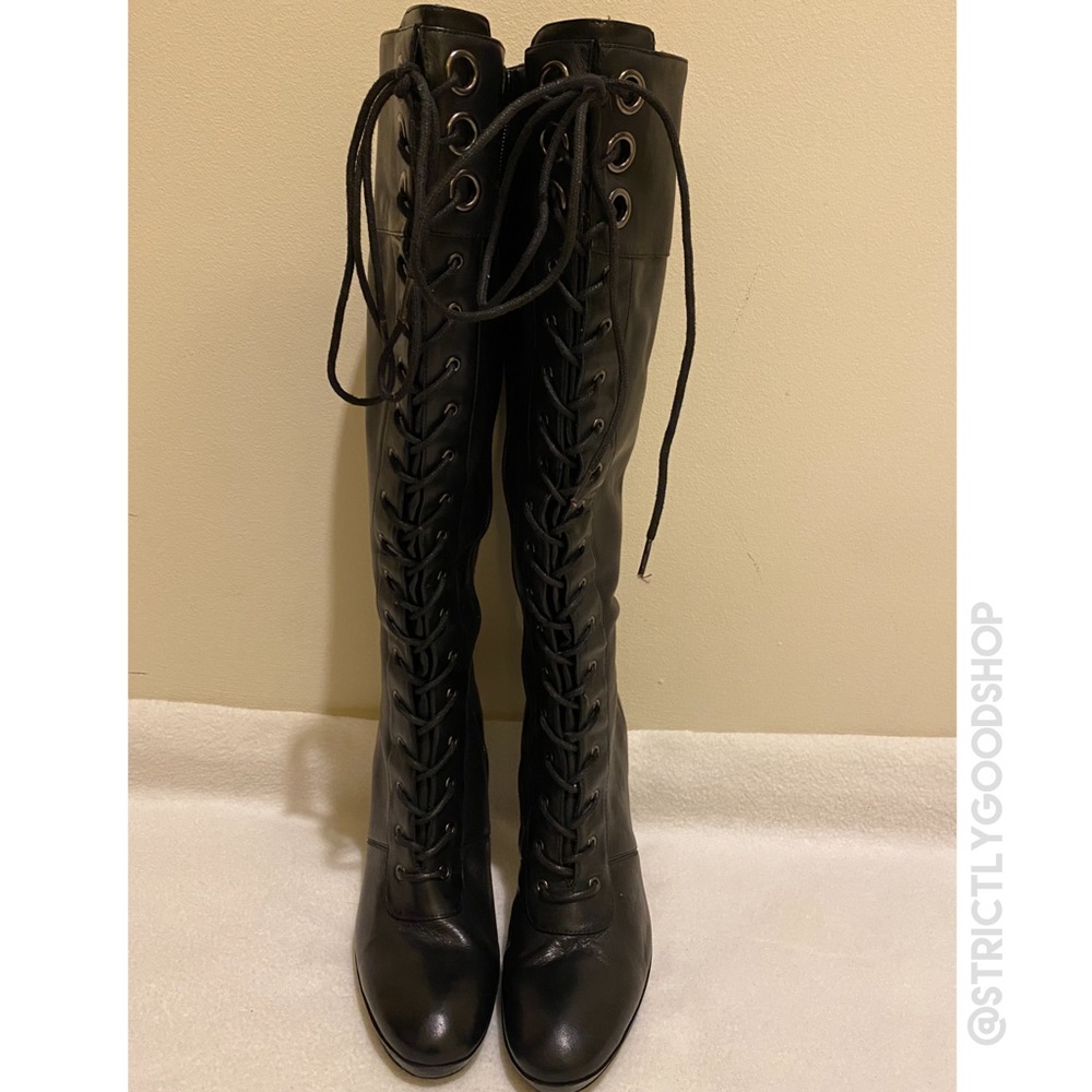 SOLD- Nine West Black Leather Knee High Lace Up boots-